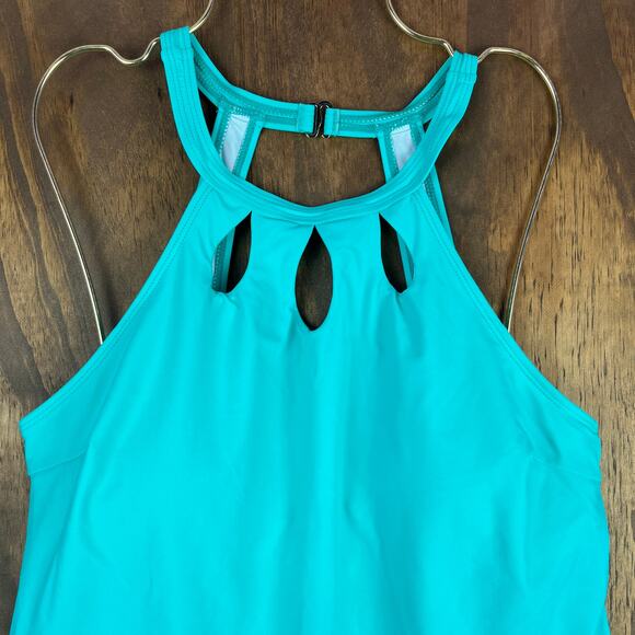 Yonique Women Swimsuit Green Gray Stripe 2 Piece Tankini Tummy Control Stretch L - Picture 5 of 12